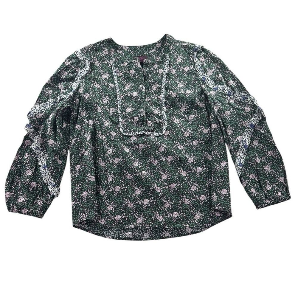 J.Crew x Liberty Fabric Floral Ruffle Sleeve Blouse S Green Preppy Cotton Top
